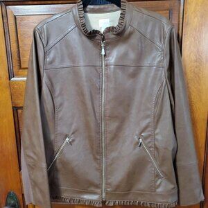 Chico's Jacket Faux-Leather Ruffle-Trim Size 3 Brown Lined Full Zip Pockets XL